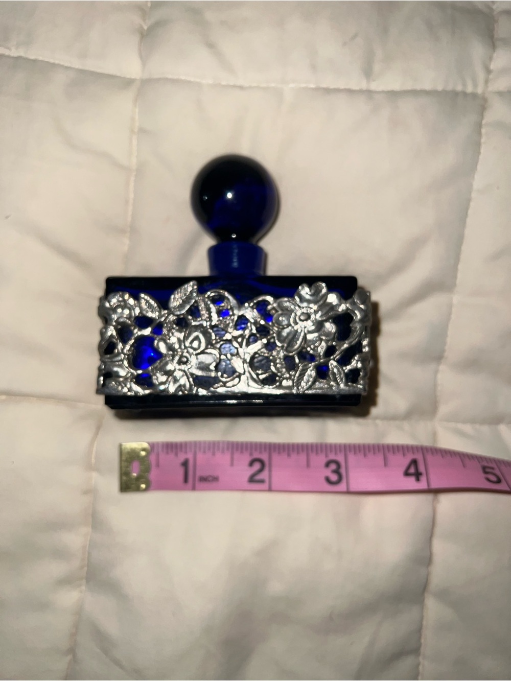 Antique Cobalt Blue Decorative Glass Perfume Bottle with Silver Floral Filigree